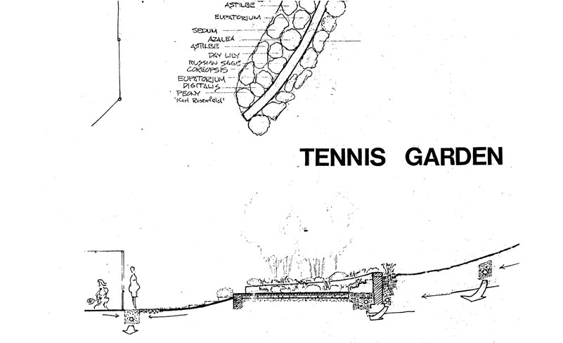 Tough Sites -- Design for Tennis Court and Gardens at bottom of open wet meadow
